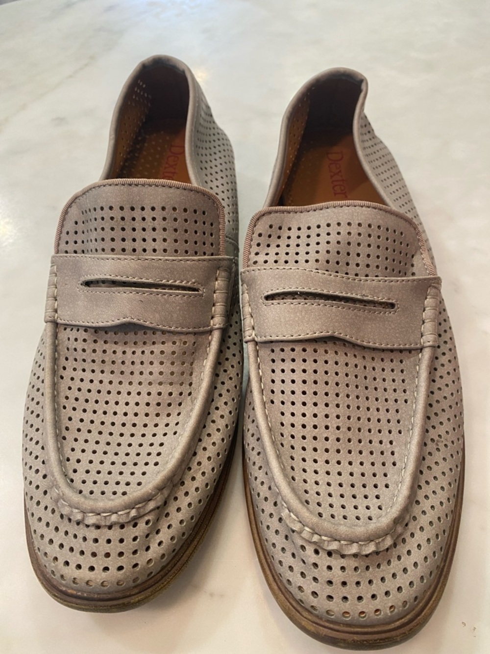Dexter Men’s Perforated Suede Penny Loafers in Light Taupe